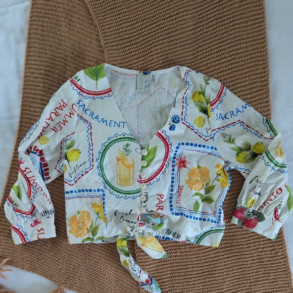 Joie Tops - Joie Mixed Print Tie Front Cropped Button Up Blouse Women's Size 6 Linen Blend